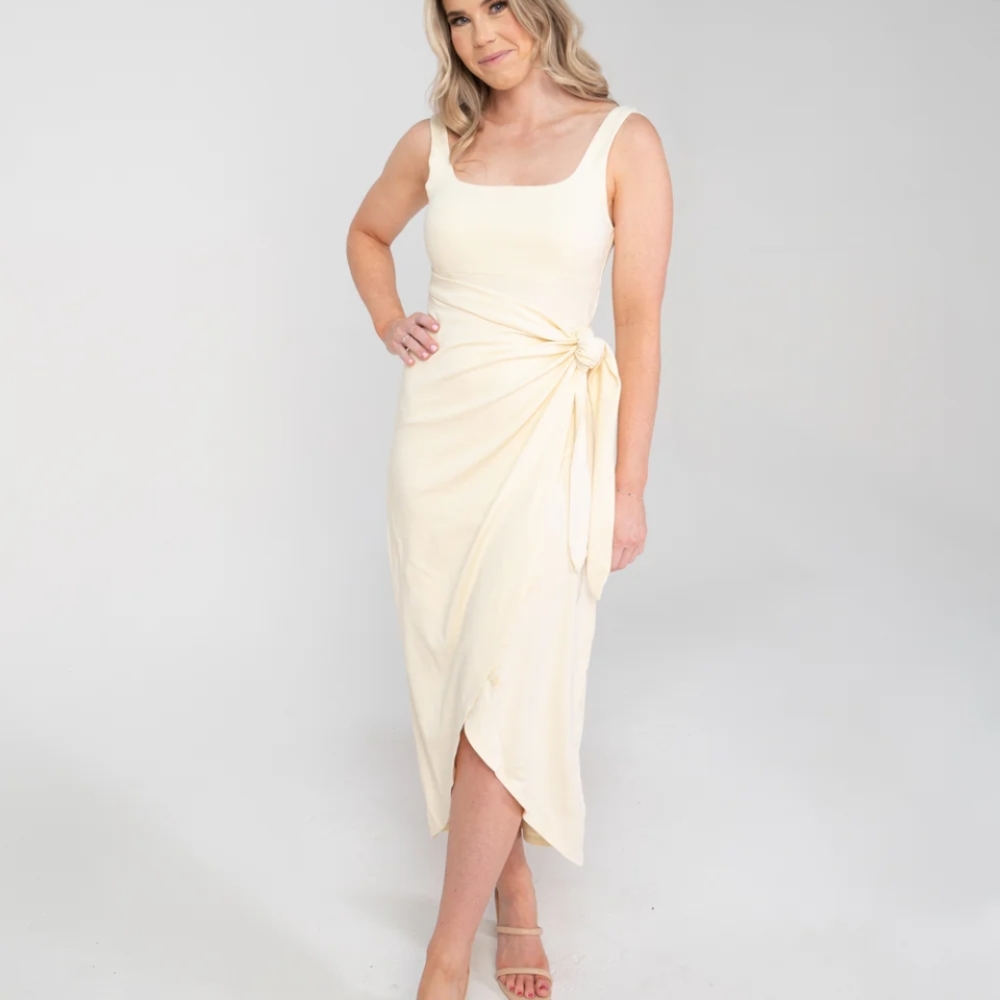 Cream Asymmetrical Wrap Midi Dress